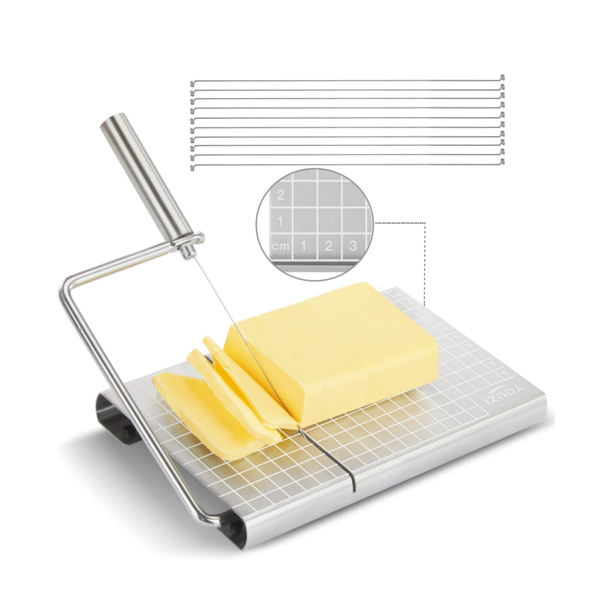 Sopito Cheese Slicer, Stainless Steel Adjustable Thickness Block Cheese Cutter Slicer Board with 16 Replacement Wires