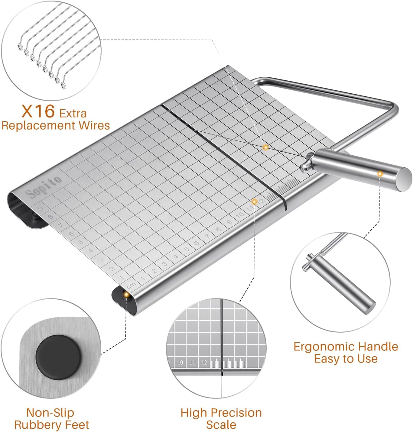Sopito Cheese Slicer, Stainless Steel Adjustable Thickness Block Cheese Cutter Slicer Board with 16 Replacement Wires
