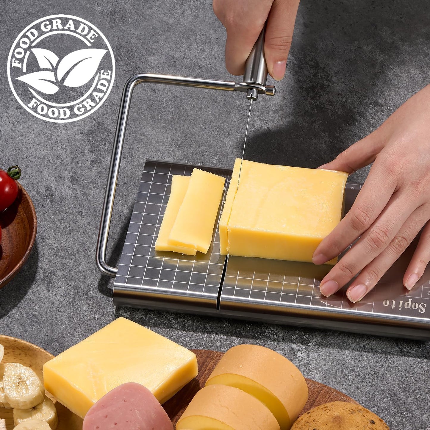 Sopito Cheese Slicer, Stainless Steel Adjustable Thickness Block Cheese Cutter Slicer Board with 16 Replacement Wires
