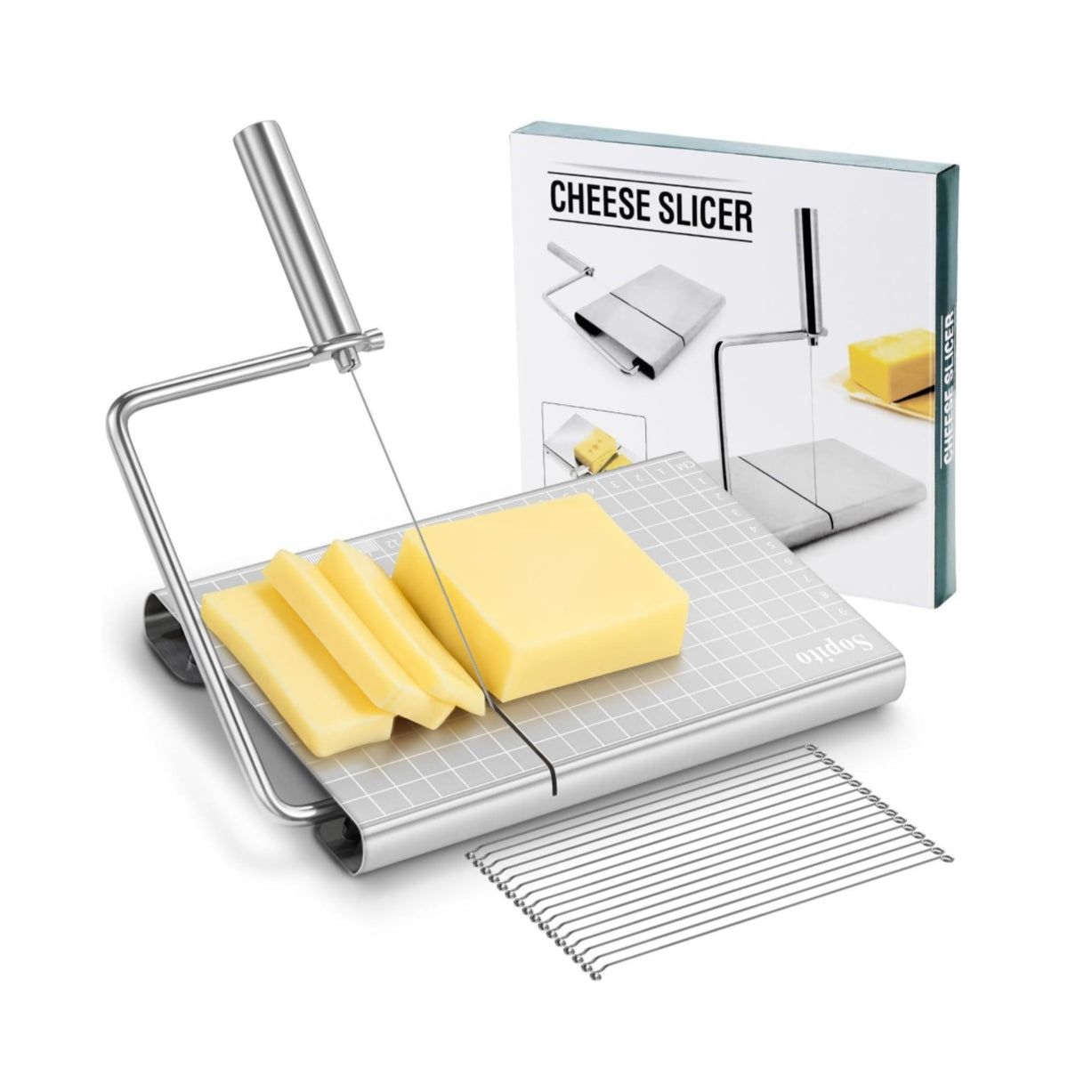 Sopito Cheese Slicer, Stainless Steel Adjustable Thickness Block Cheese Cutter Slicer Board with 16 Replacement Wires